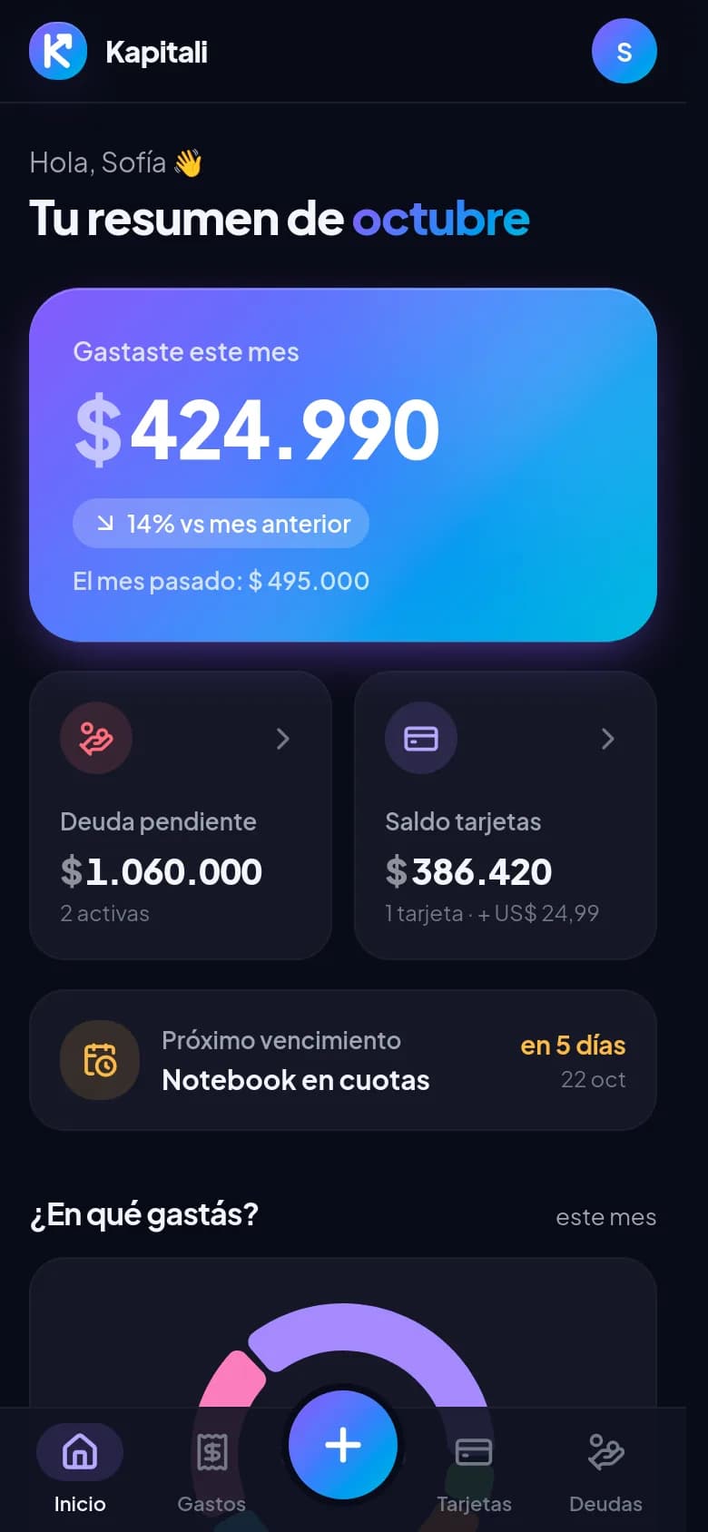 Inicio de Kapitali: lo que gastaste este mes, deudas y tarjetas
