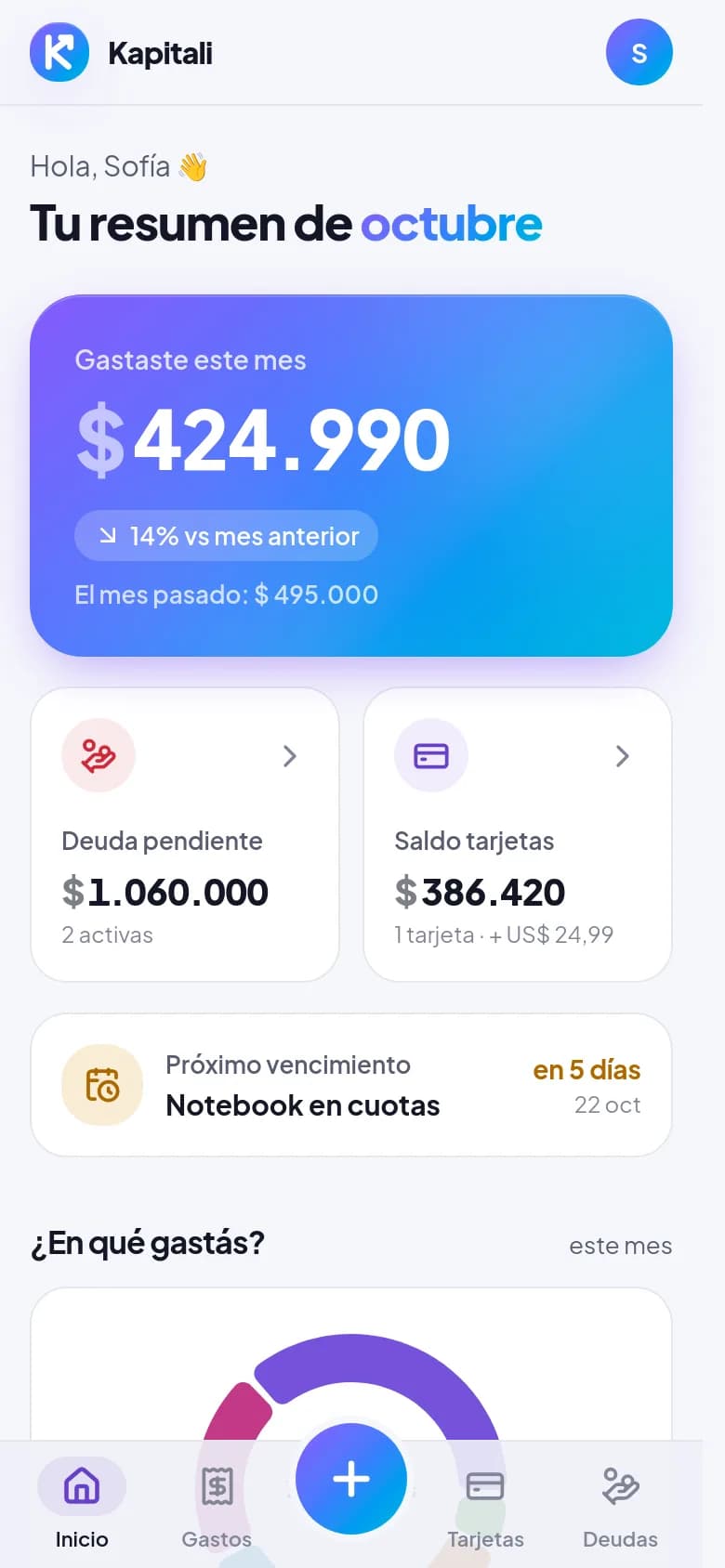 Inicio de Kapitali: lo que gastaste este mes, deudas y tarjetas